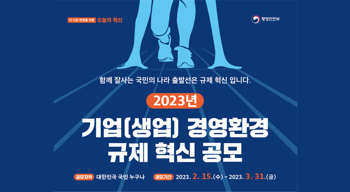 행정안전부에서는 국민의 일상생활속에서 나타나는 각종 규제(법령, 제도, 규정)등을 혁신하기 위해「2023년 기업(생업) 경영환경 규제혁신 과제 공모전」을 다음과 같이 개최합니다.군민들의 많은 참여 부탁드립니다. 0 접수시간 : 2023. 2. 15 ~ 3. 31.0 공모주제 : 기업의 경영활동 제약 해소, 소상공인 생업여건 개선, 신산업분야 규제 합리화, 일자리 창출 등0 참가자격 : 대한민국 국민 누구나0 문의 : 예천군청 기획예산실 법무통계팀 054-650-6823, 행정안전부 지방규제혁신과 (☎044-205-3936)
